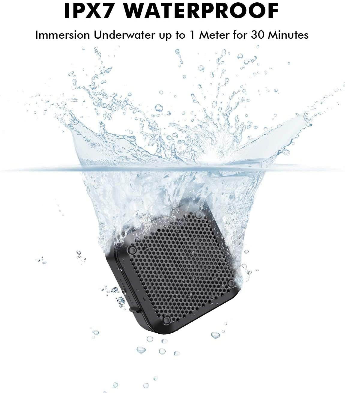 IPX7 Waterproof Bluetooth Speakers Portable Wireless, Shower Speakers with TWS Stereo, Support TF SD Aux Mic, Mini Small Outdoor Speaker with Hook for Bathroom Bike Boat Vacation Accessories(Black)