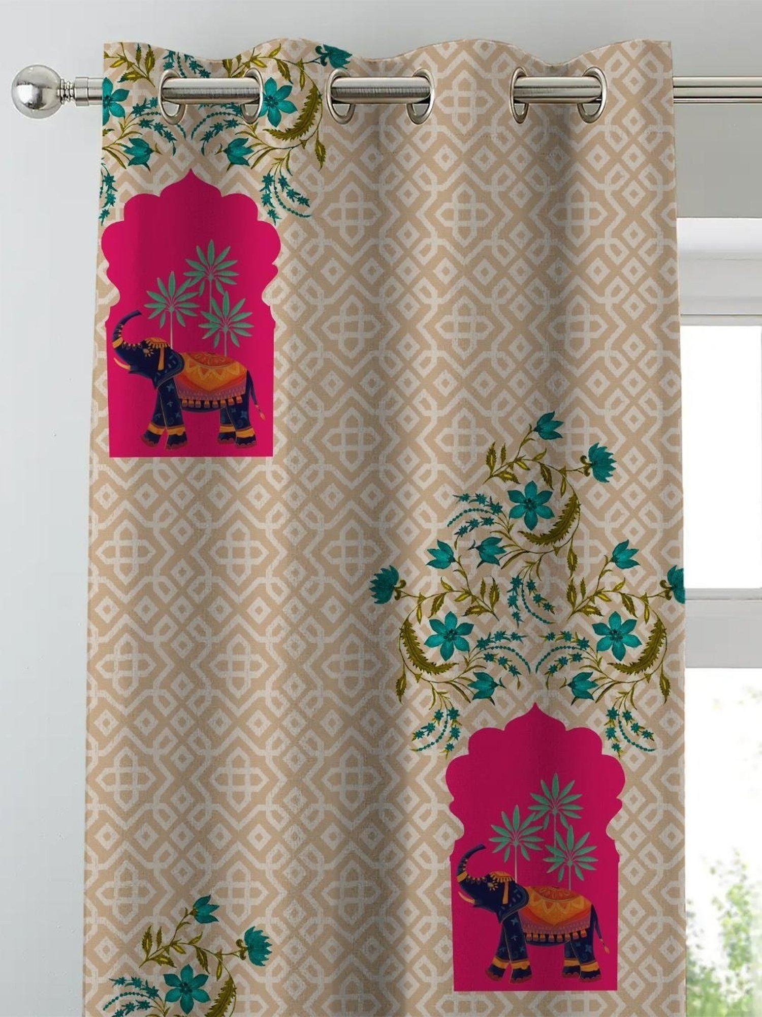 SPACES DRAPE STORY Elegent Digital Print Pink & Beige Polyester 5 ft Window Curtains - Set of 2