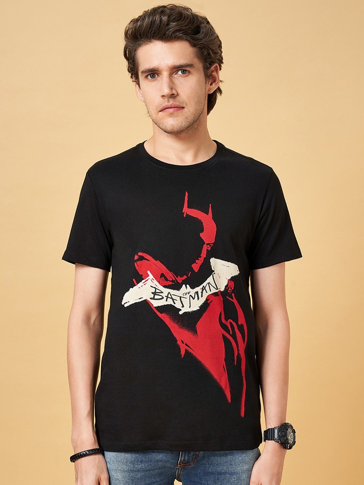 SF Jeans by Pantaloons Jet Black Cotton Regular Fit Printed T-Shirt