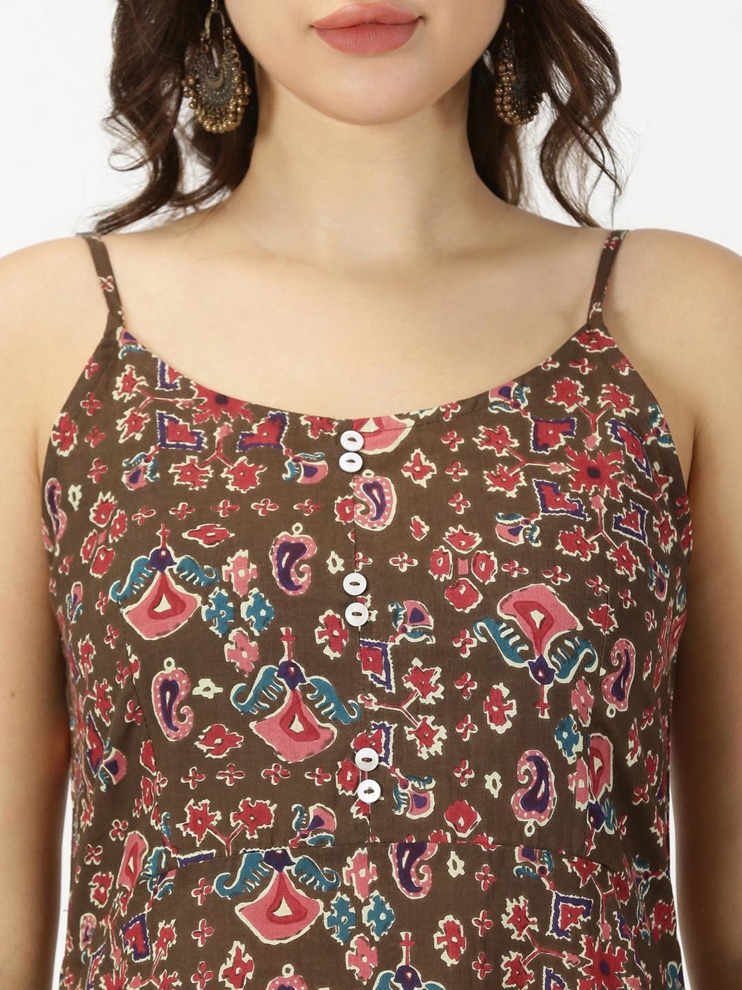 Saffron Threads Brown Cotton Printed Ethnic Dress