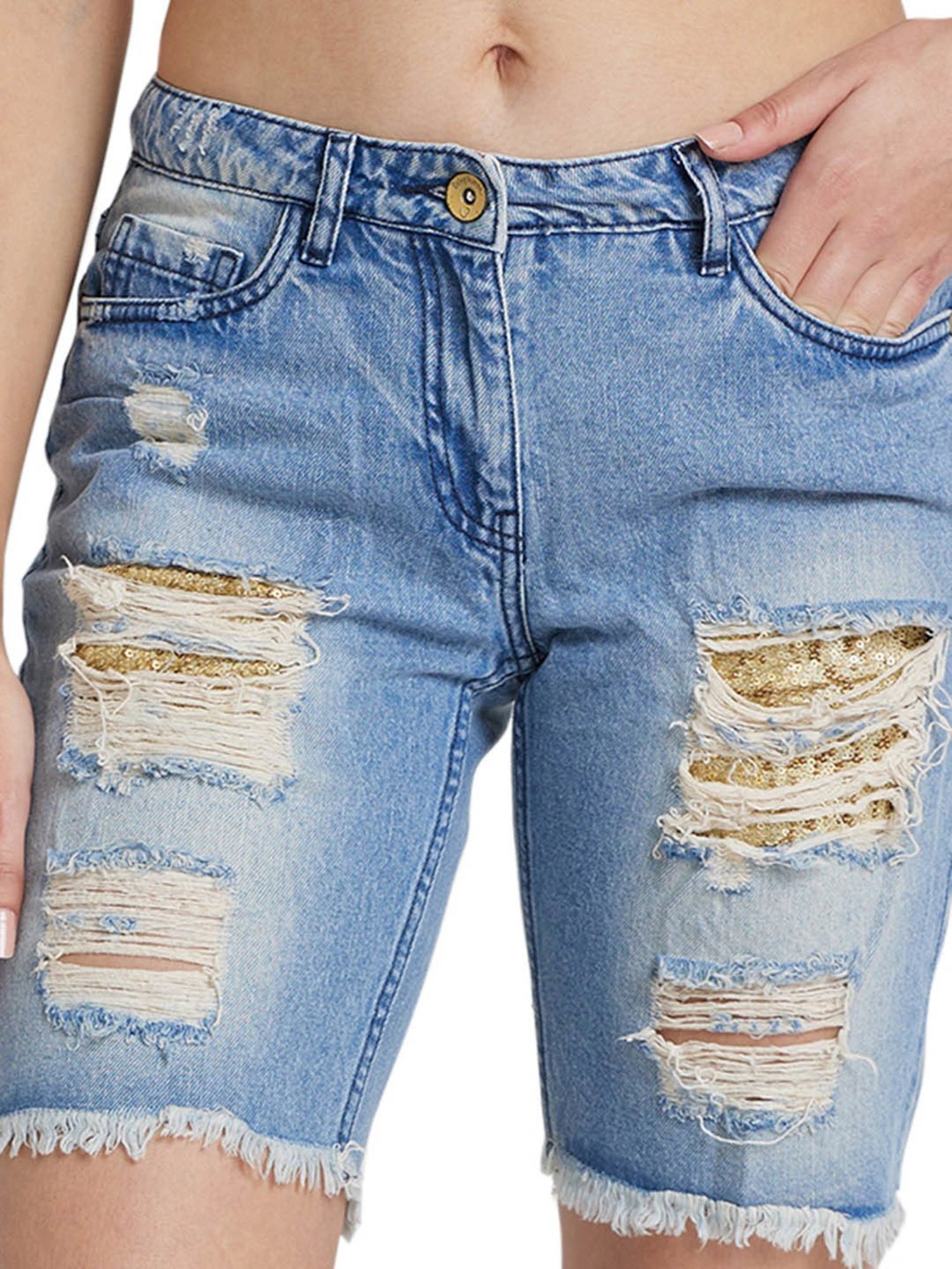 Being Human Blue Distressed Mid Rise Denim Shorts