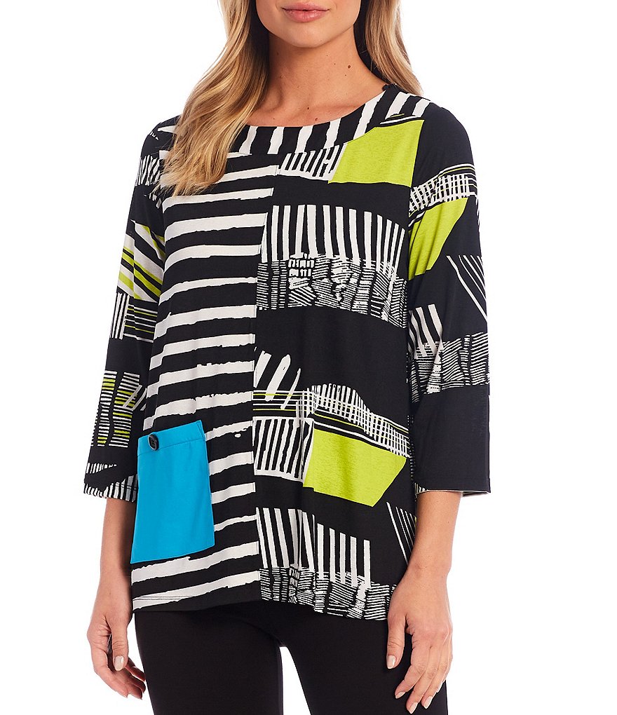 Ali Miles Knit Colorblocked Mixed Stripe Print Tunic