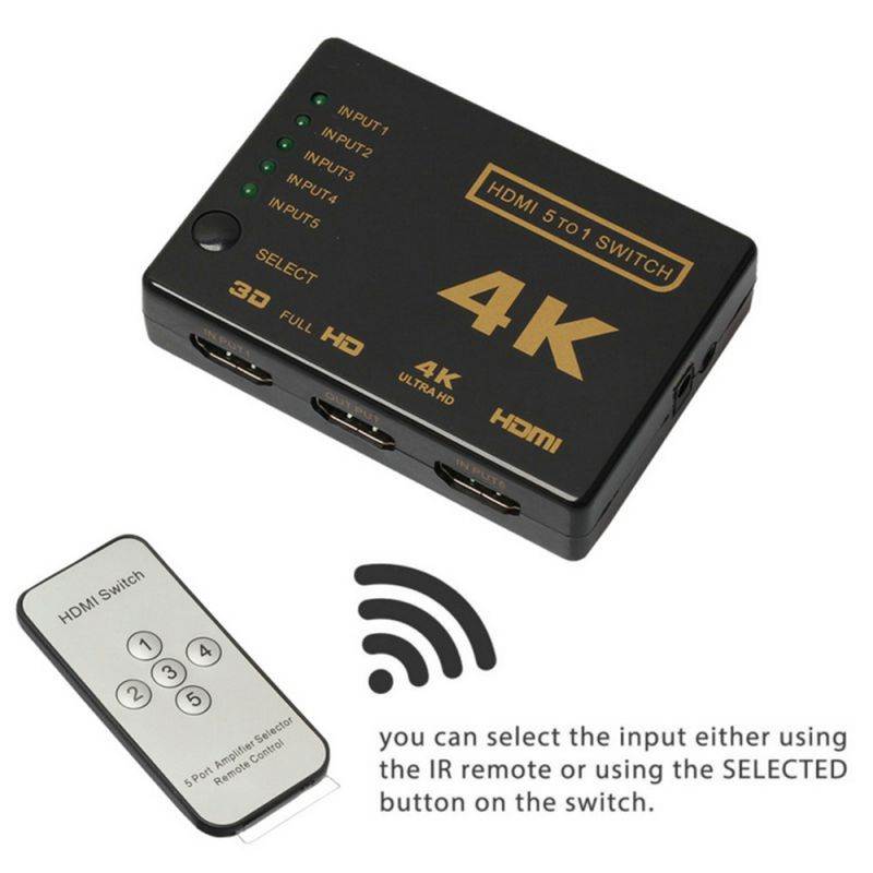 HDMI Switch 4K 5 in 1 out HDMI Selector Splitter- HDMI Switcher with Remote Hdmi Auto Switcher Box Supports 4K 60Hz, HDMI Switch for PS3 / Xbox One/Fire TV/SKY BOX/STB/DVD/Laptop