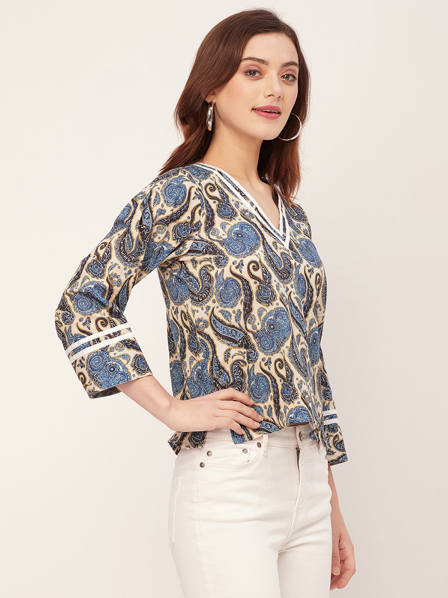 Moomaya Cream & Blue Cotton Printed Top