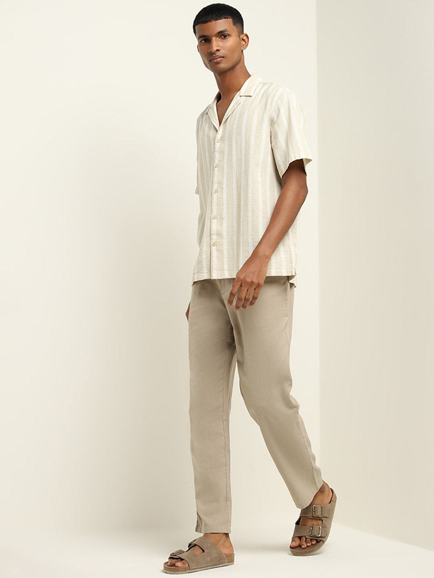 ETA by Westside Light Taupe Striped Relaxed-Fit Cotton Shirt