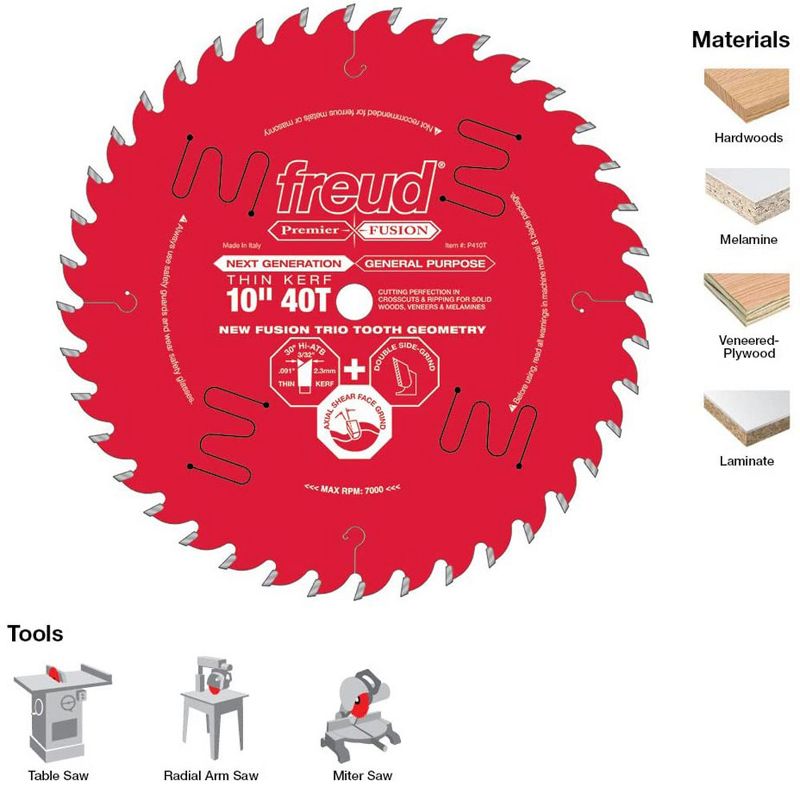 Freud P410T 10 Inch 40T Thin Kerf Next Generation Fusion Trio General Purpose Anti Vibration Cutting Saw Blade for Crosscutting and Ripping (4 Pack)