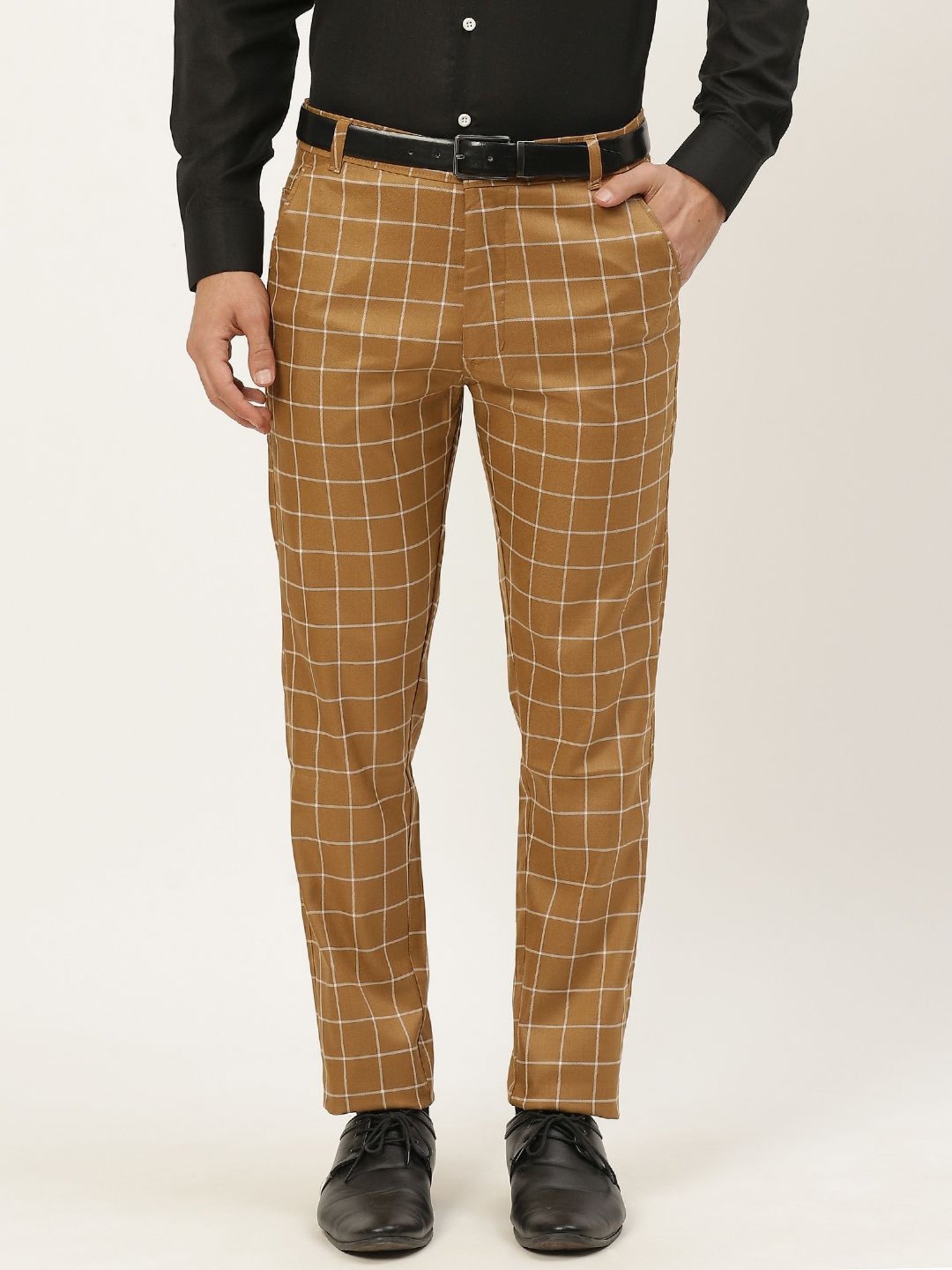 Sojanya Beige Cotton Regular Slim Fit Checks Flat Front Trousers