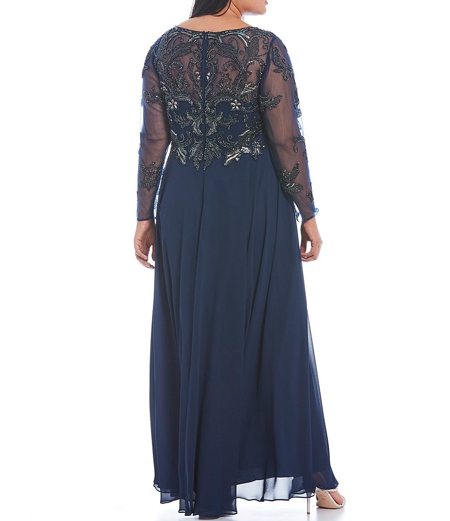 Xscape Plus Size Jewel Neck Long Sleeve Beaded Bodice Chiffon Gown