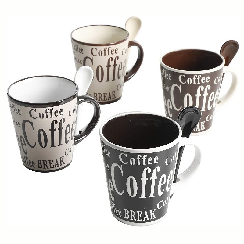 Gibson Mr. Coffee Dolce Cafe 4 Person 8 Piece Ceramic Stoneware Mug and Matching Spoon Set with Coffee Lettering, Assorted Colors