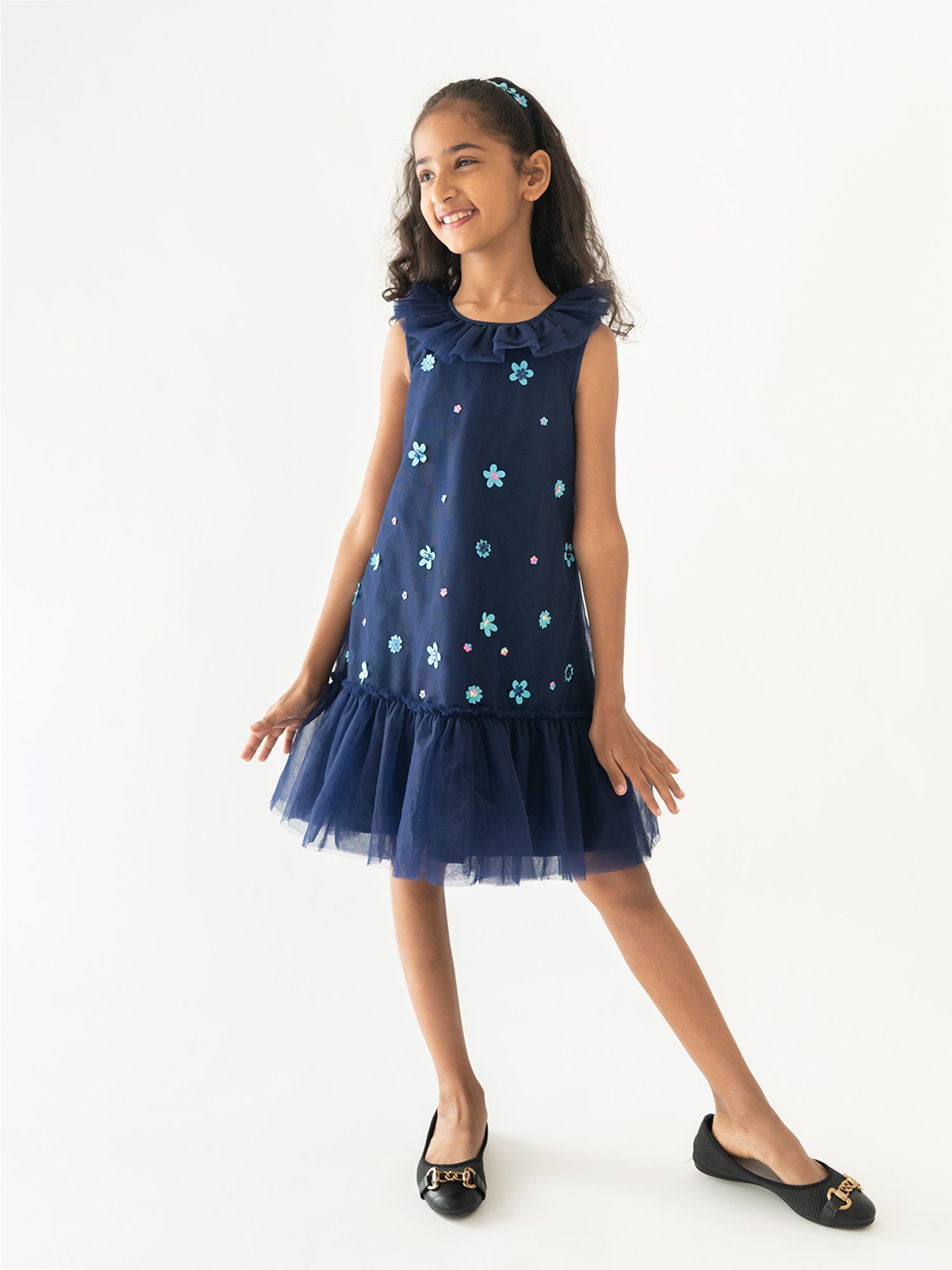 A Little Fable Kids Dark Blue Applique Dress