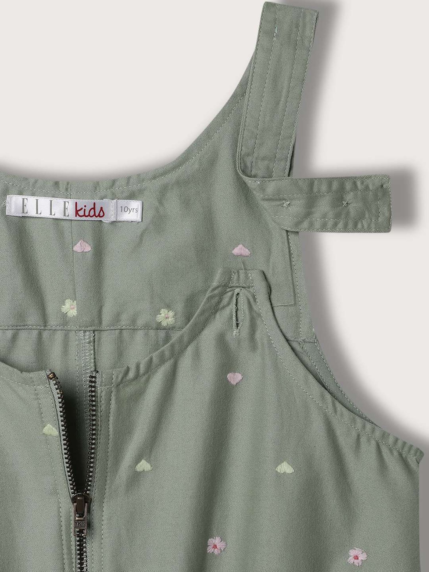 Elle Kids Olive Cotton Embroidered Jumpsuit