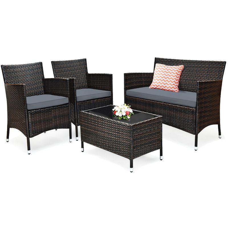 Costway 4 PCS Outdoor Patio Rattan Furniture Set Table Shelf Sofa W/ Gray Cushions