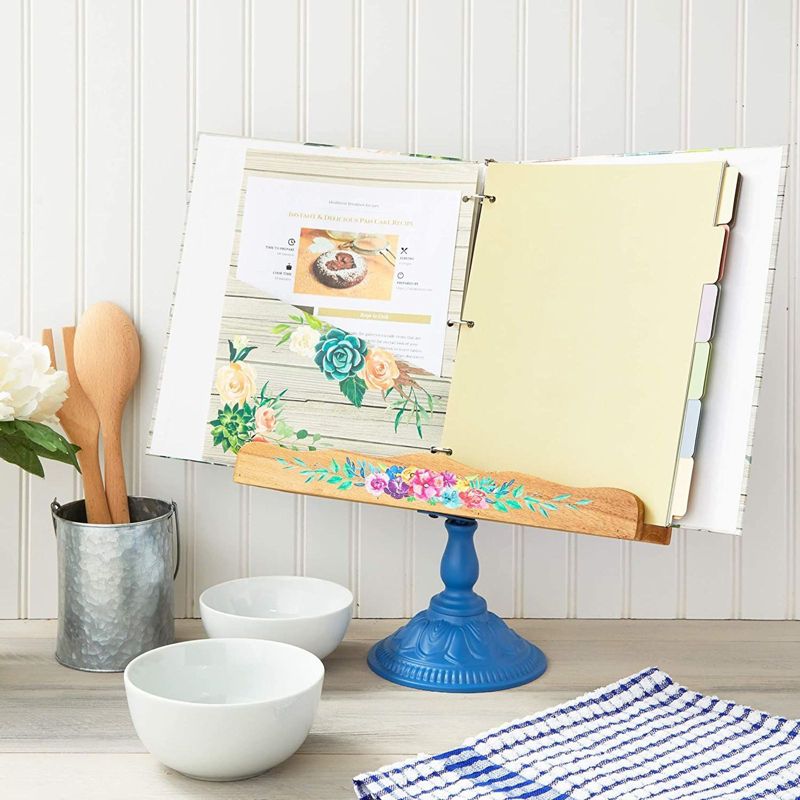 Farmlyn Creek Wood Cookbook and Tablet Holder Stand, Blue Metal Base for Kitchen (14.1 x 13 In)