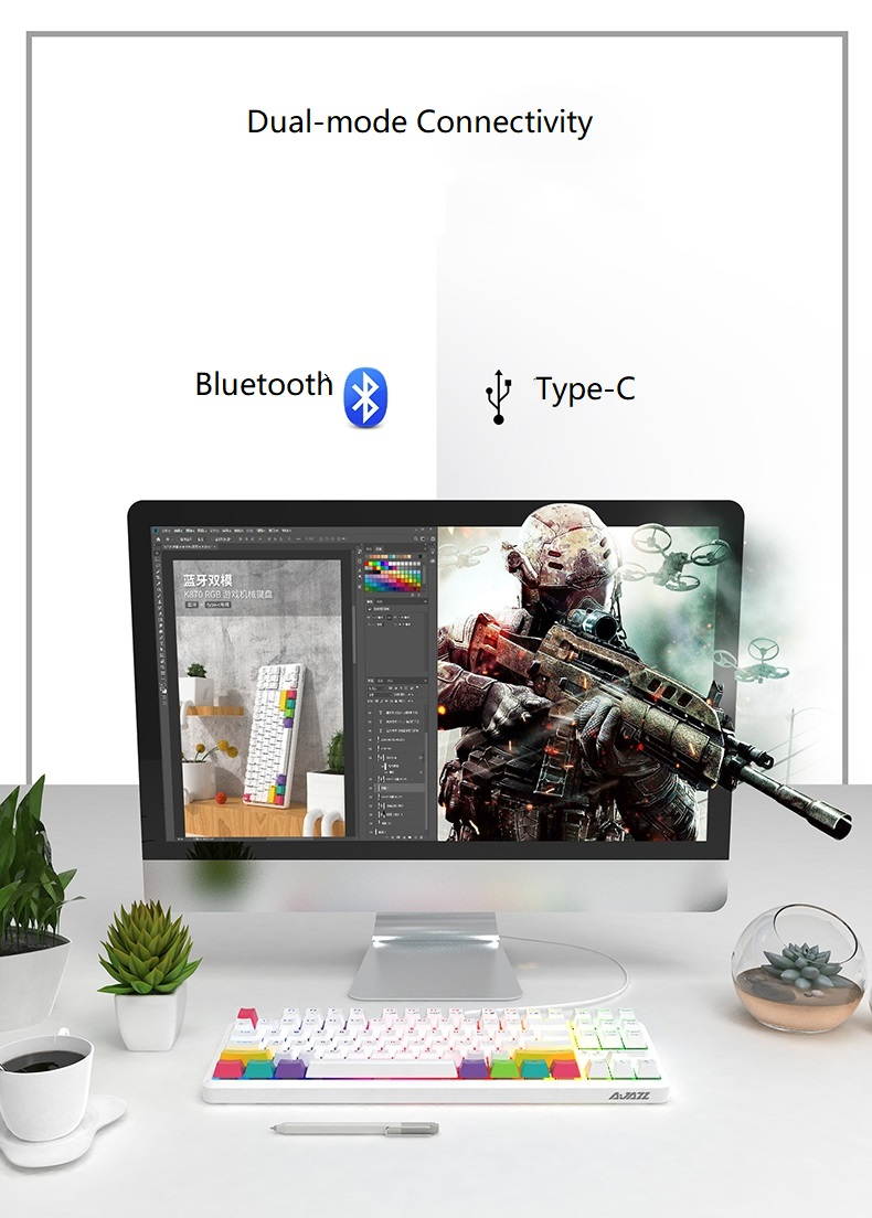 A-jazz  K870T Wired and Bluetooth Wireless Dual-mode Connectivity RGB Backlit TKL Mechanical Keyboard