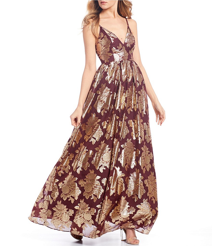 Dear Moon Spaghetti Strap Floral Foiled Ball Gown