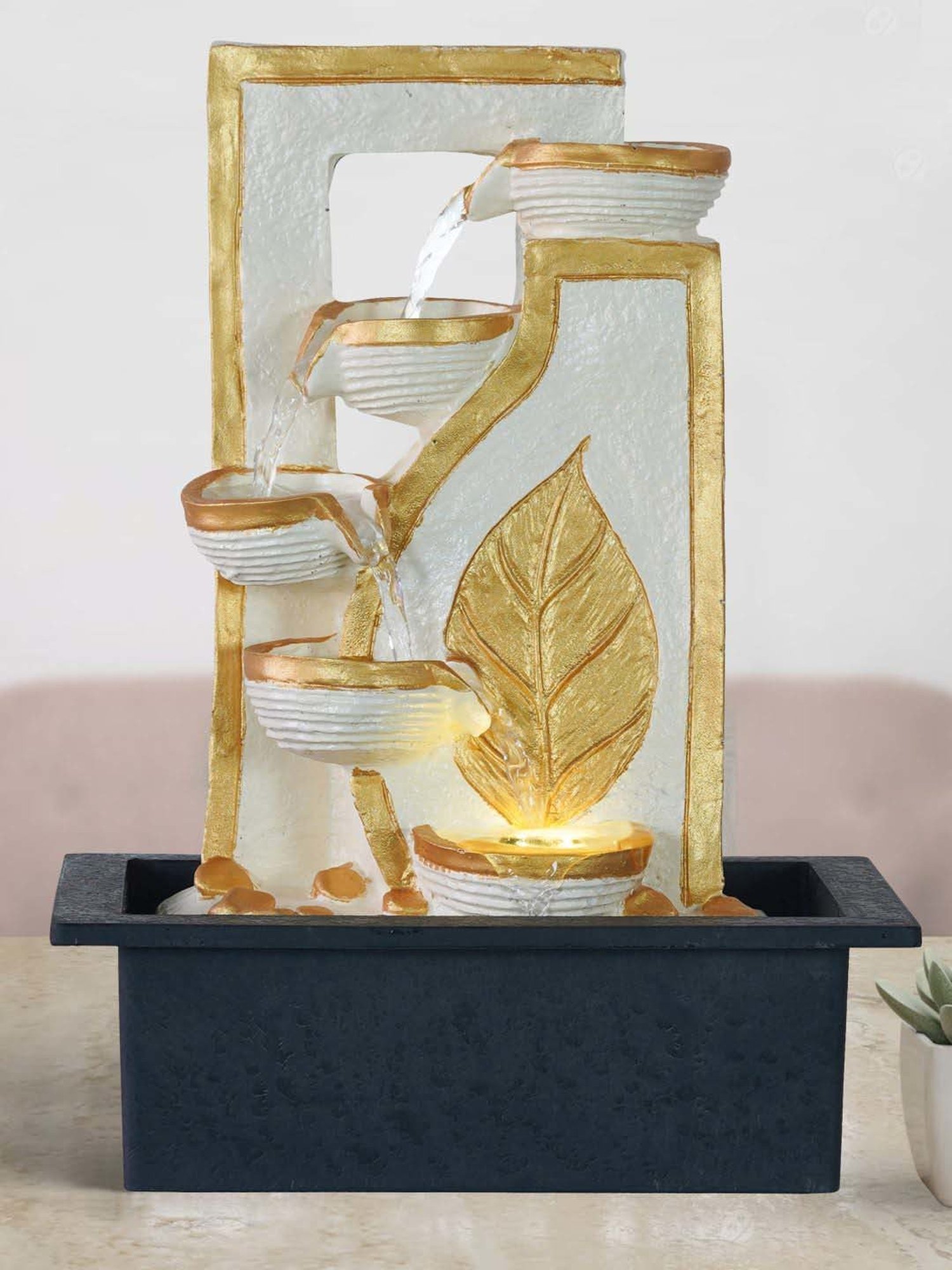 CHRONIKLE White & Gold Polyresin Leaf Design 4 Steps Waterfall Fountain