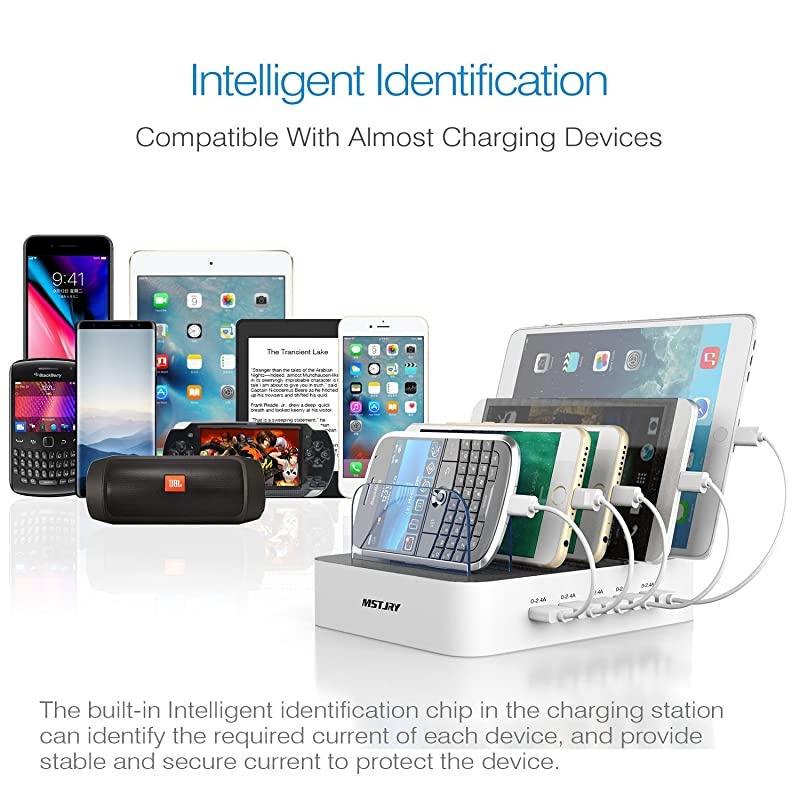 Charging Station for Multiple Devices,  5 Port Multi USB Charger Station with Power Switch Compatible with iPhone, iPad, Cell Phone, Tablets (White, 5 Mixed Short Cables Included)