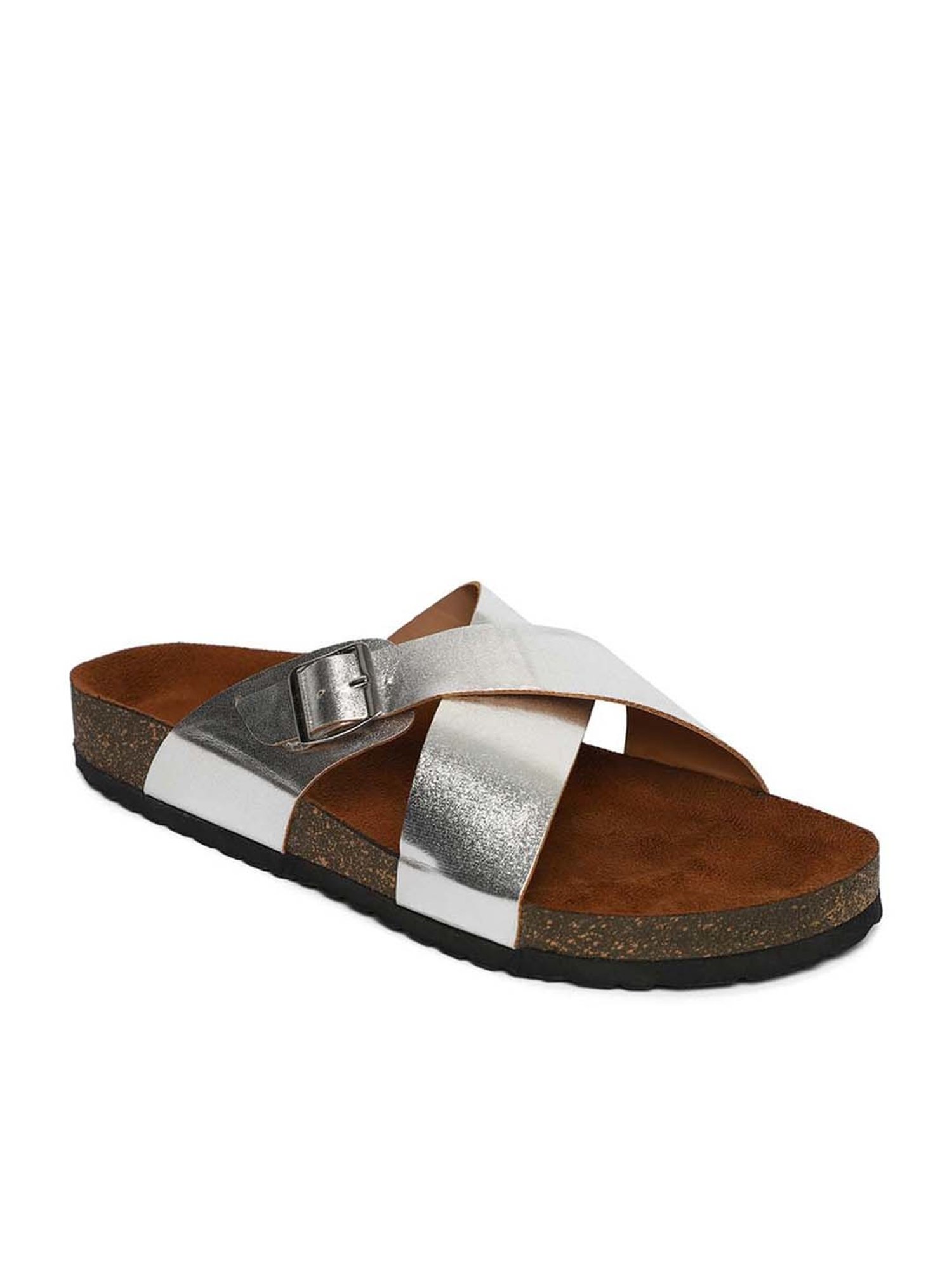 Mozafia Women's Silver Cross Strap Sandals