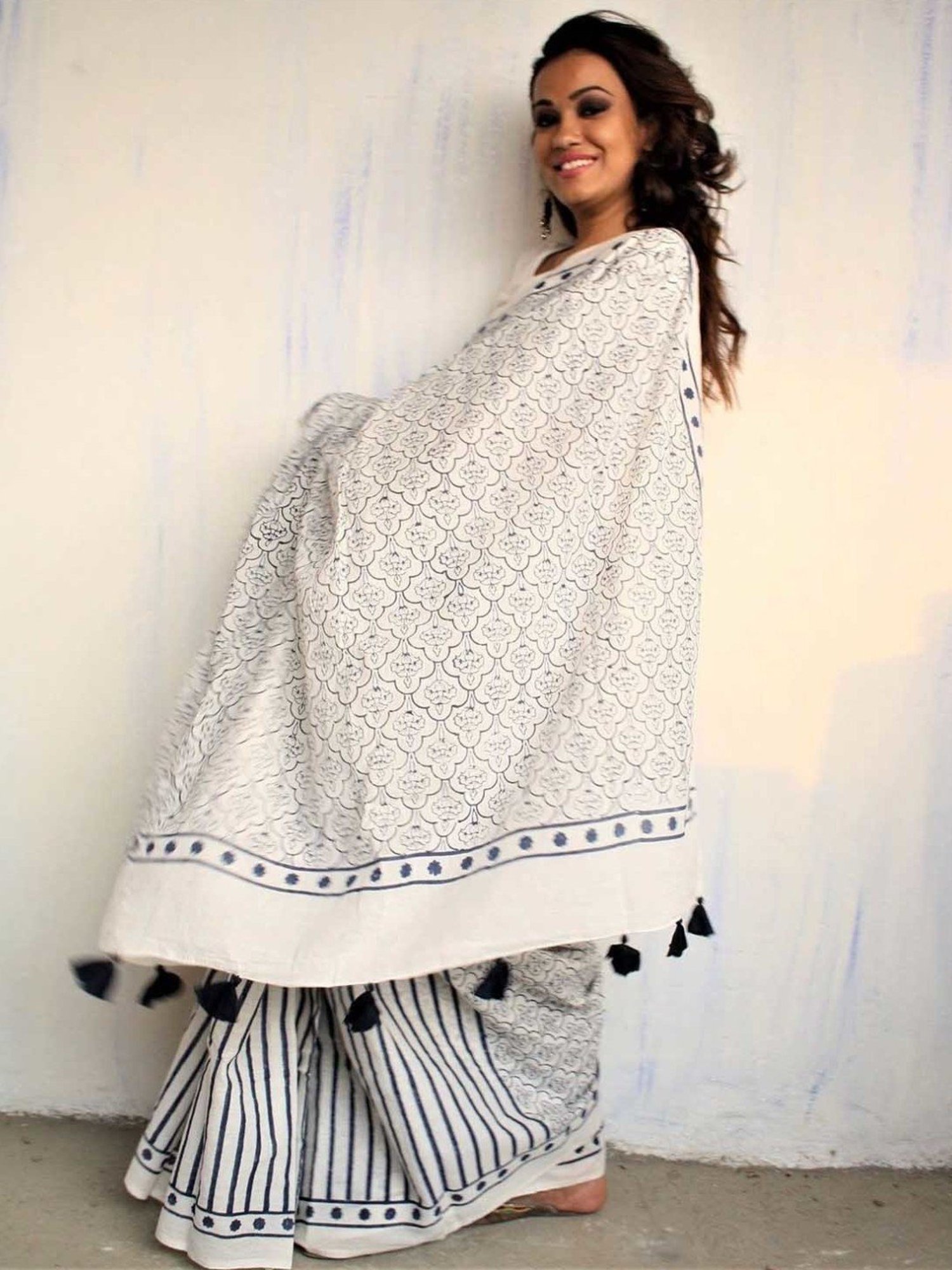 Chidiyaa Ivory & Blue Block Printed Cotton Mul Saree