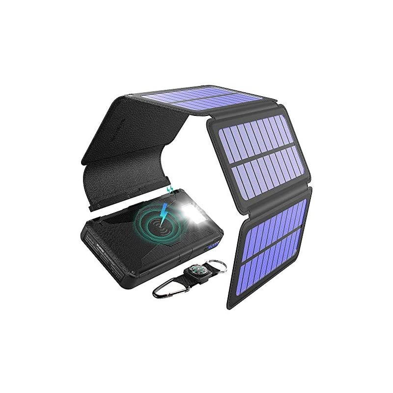 Solar Charger Five Panels Detachable, Qi Wireless Charger 20000mAh Portable Power Bank with Dual Output Type C Input Flashlight and Compass Kit (Black, 20000mah)