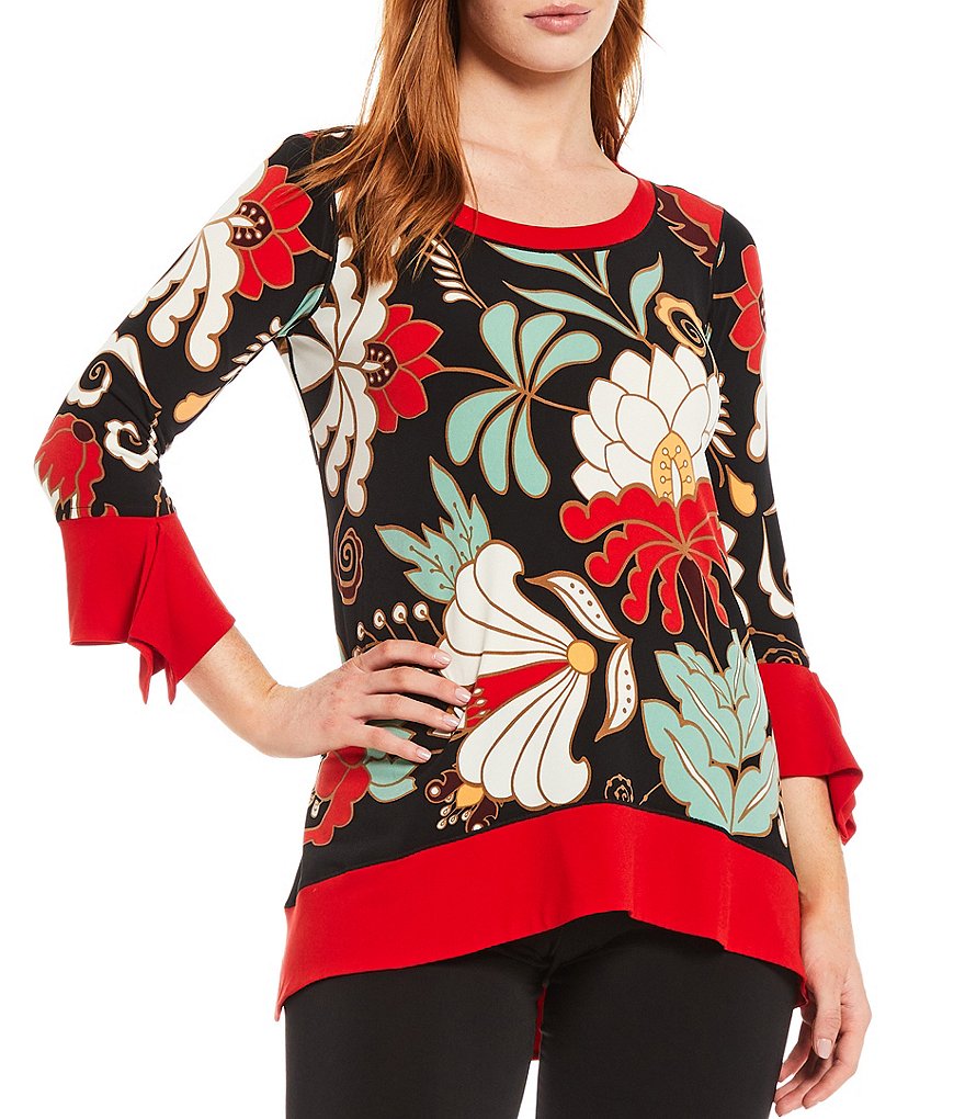 Eva Varro Contrast Trim Floral Print Knit 3/4 Flutter Sleeve Hi-Low Tunic