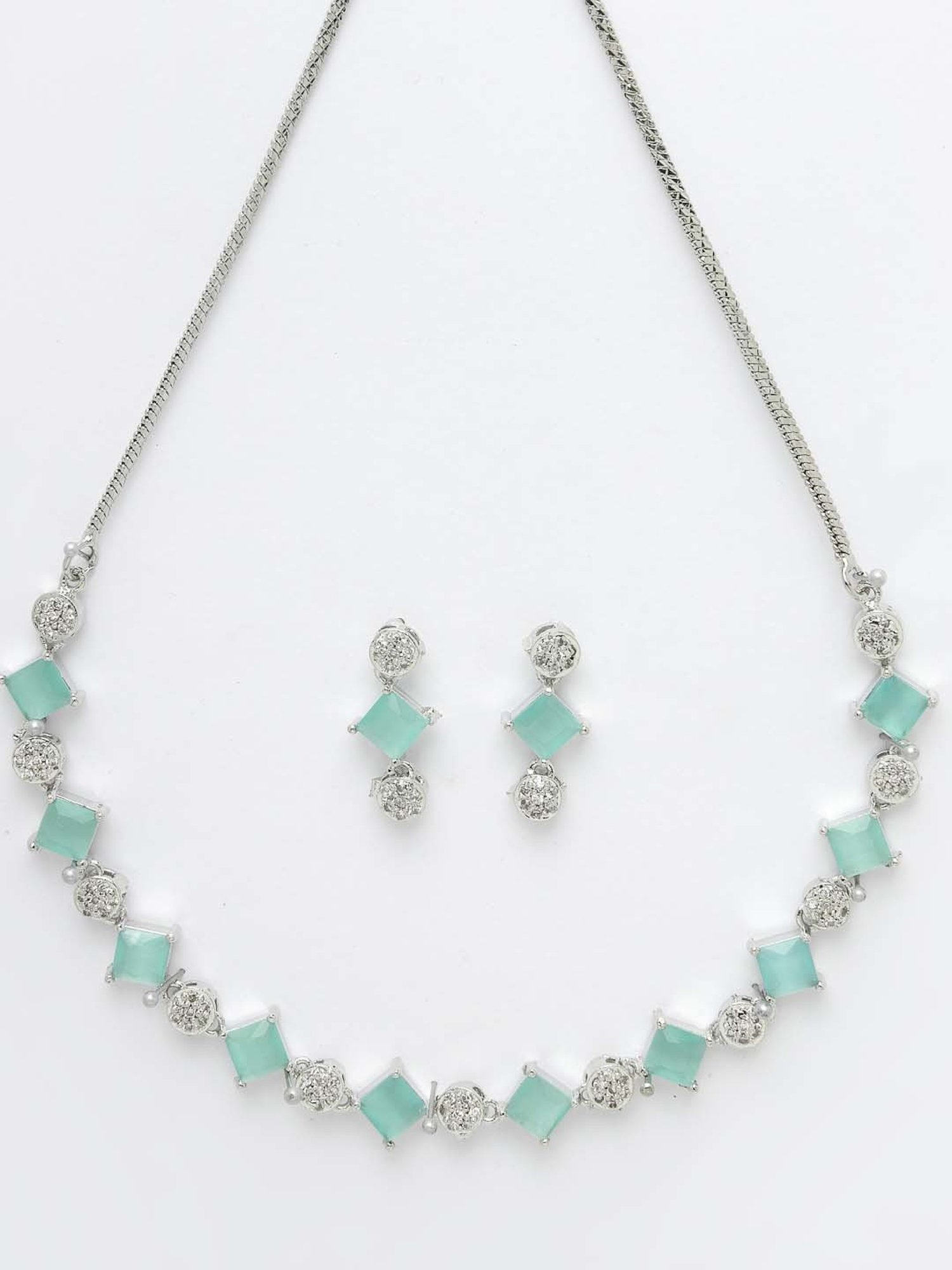 NVR Silver Plated & Blue CZ Stone Handcrafted Jewellery Set for Women