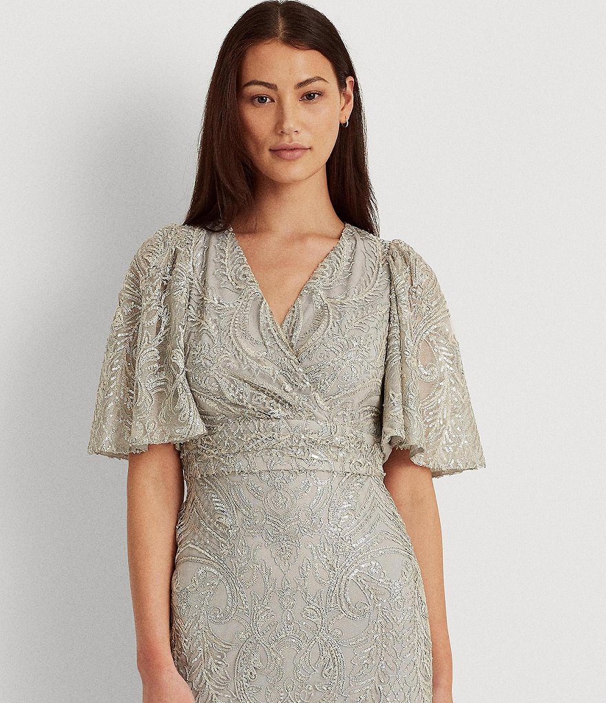 Jkara Chiffon Popover Beaded V-Neck 3/4 Capelet Sleeve Gown