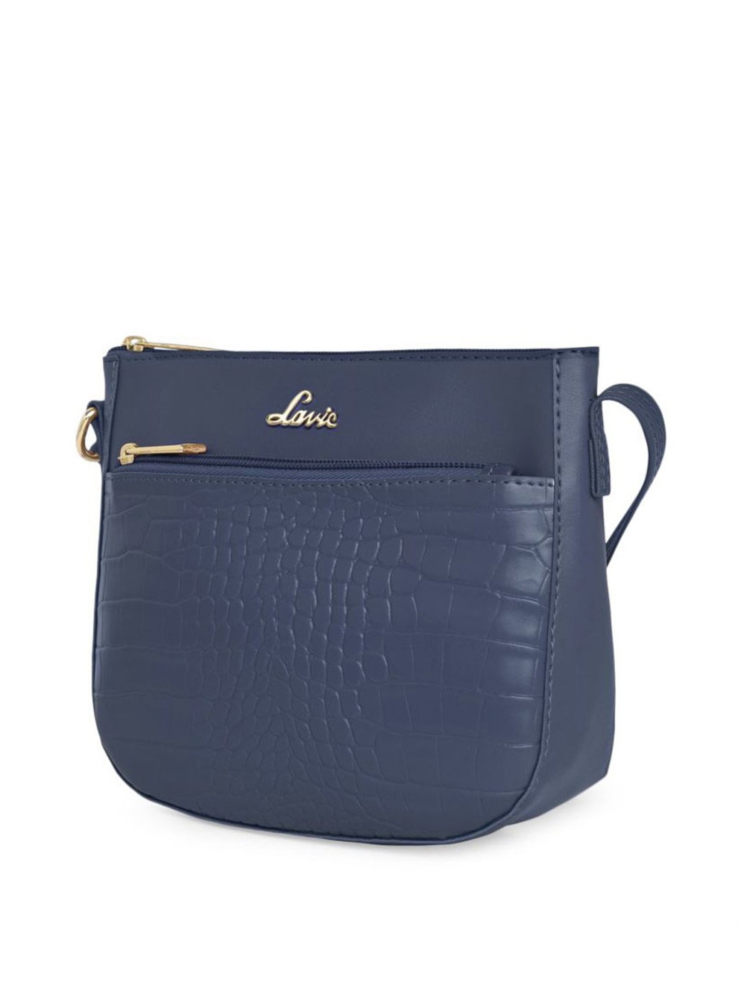 Lavie Croc Saddle Navy Synthetic Textured Sling Handbag
