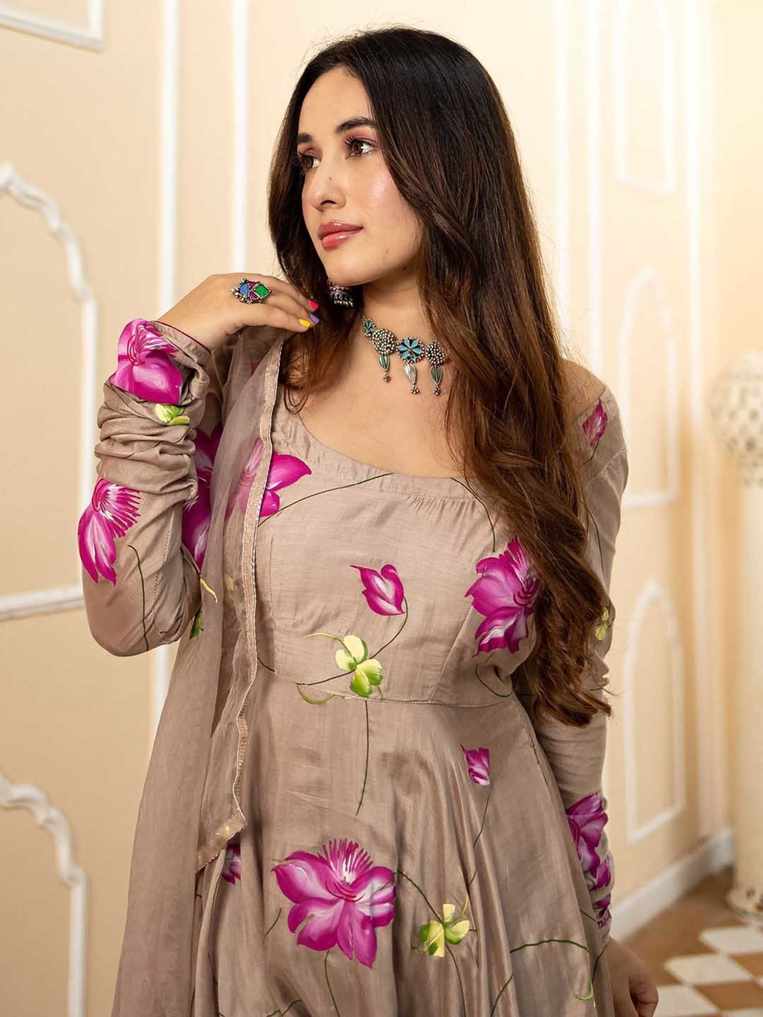 AACHHO Light Brown Brindha Hand Painted Suit Set