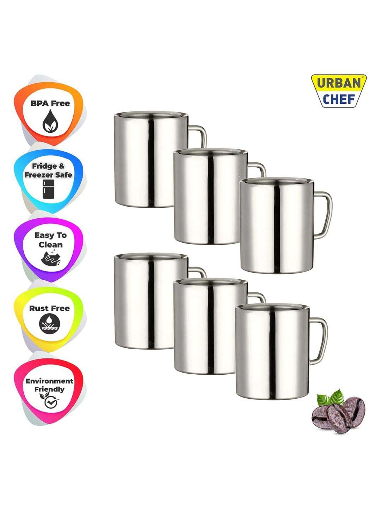 Urban Chef Silver Stainless Steel Sober Double Wall Big Coffee Mug - Set of 2
