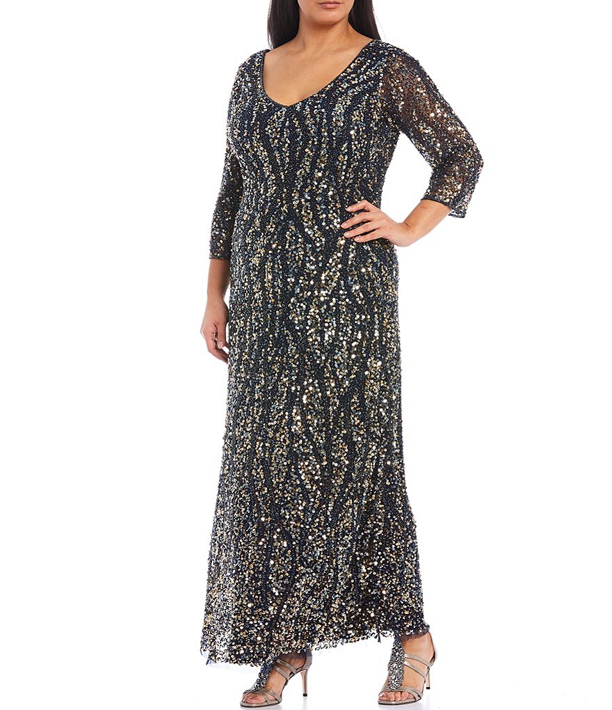 Pisarro Nights Plus Size Sequin Mesh 3/4 Sleeve Gown
