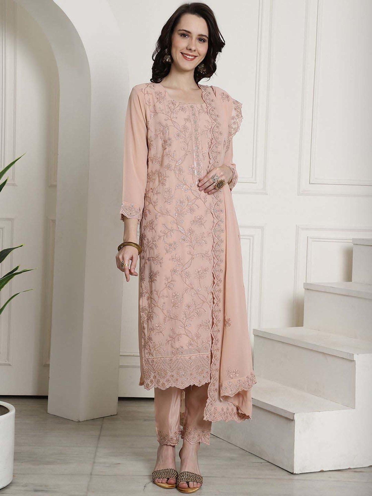 Stylee LIFESTYLE Peach Embroidered Unstitched Dress Material