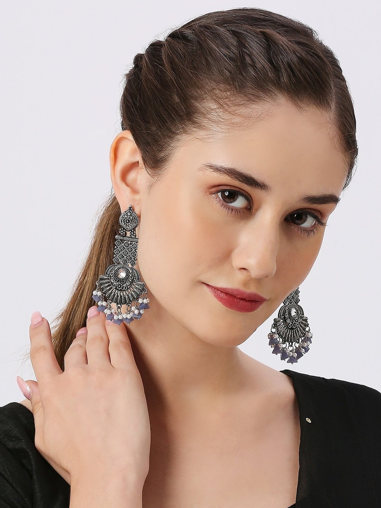 Oomph Jewellery Oxidized Silver Ethnic Silver Look Alike with Blue Beads & Pearls Dangler Earrings