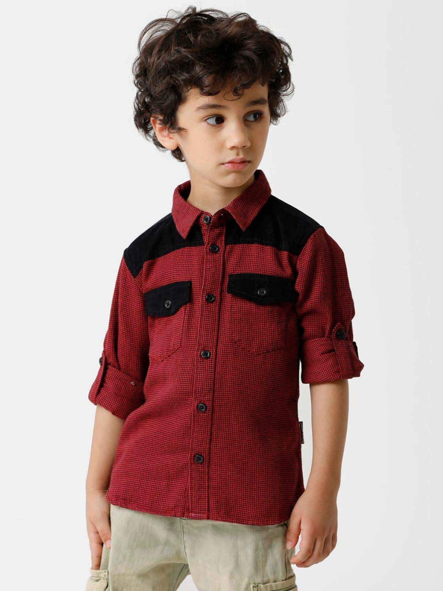 Kate & Oscar Kids Red & Black Cotton Houndstooth Full Sleeves Shirt