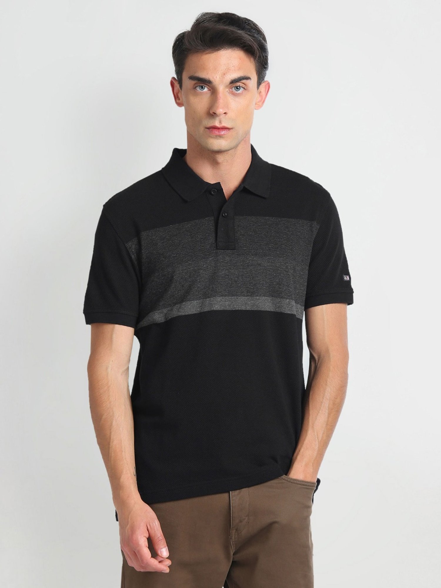 Arrow Sports Black Cotton Regular Fit Colour Block Polo T-Shirt