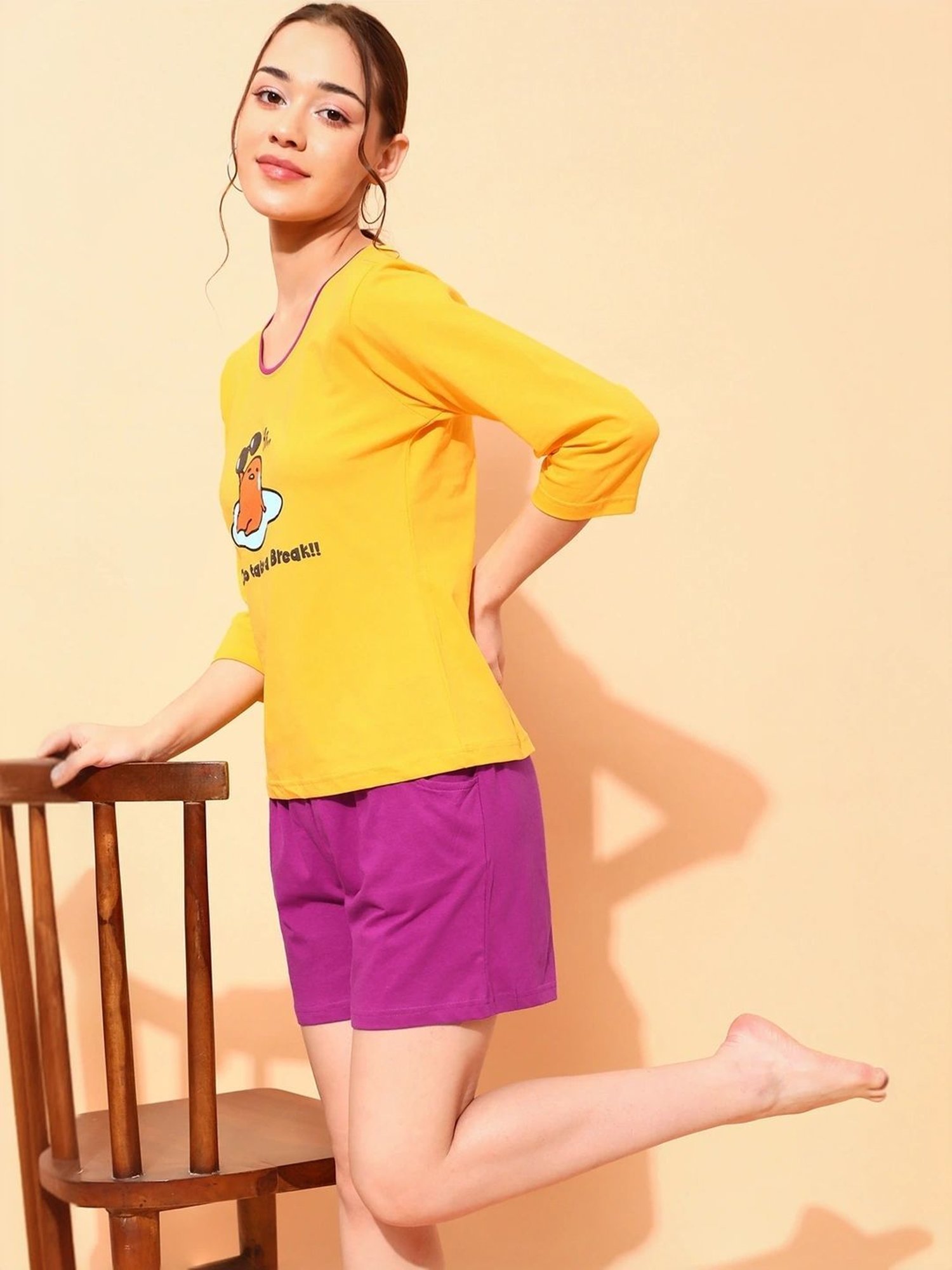 Clovia Yellow & Purple Printed Top With Shorts
