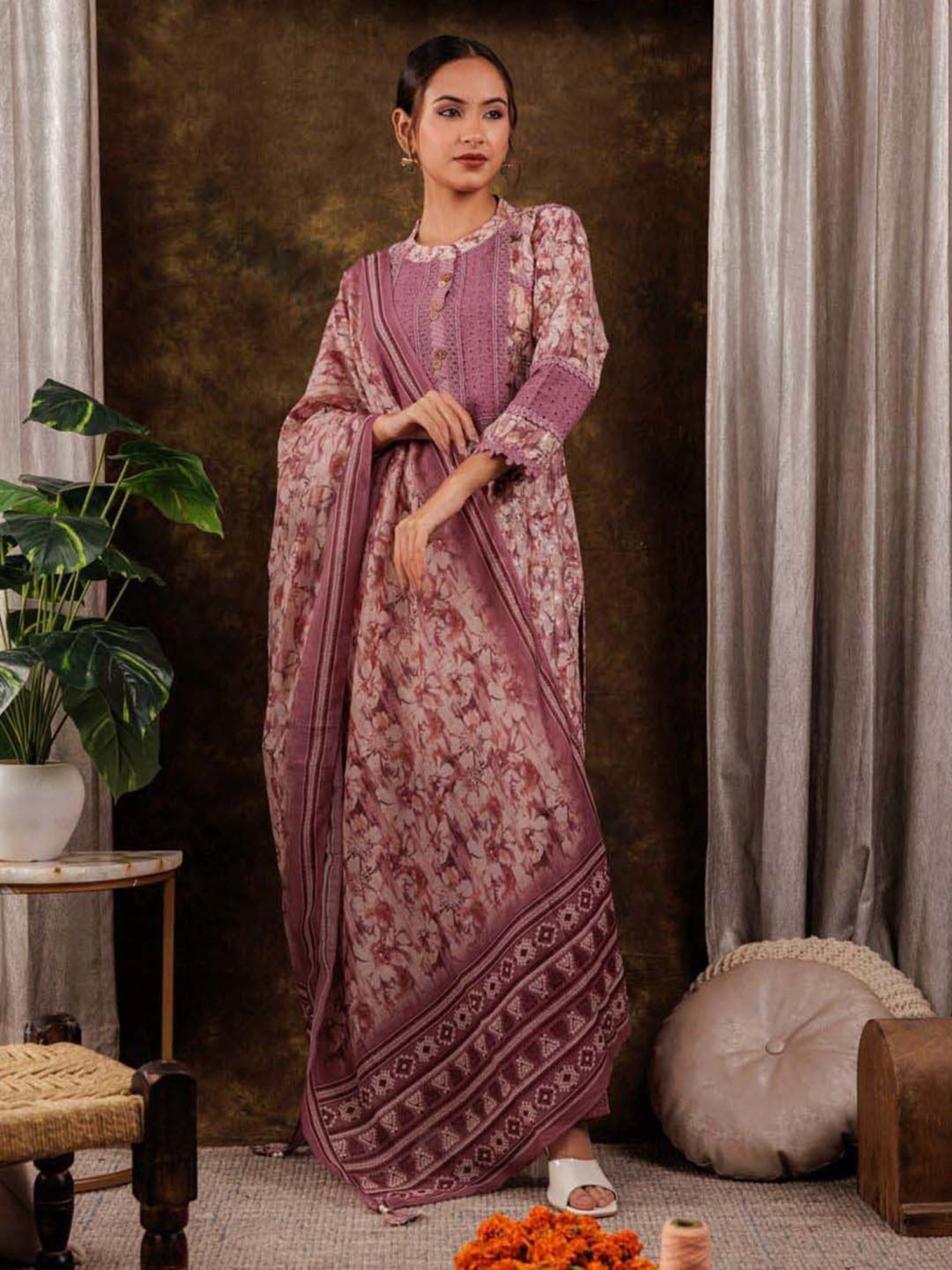 Yufta Purple Cotton Printed Kurta Pant Set With Dupatta