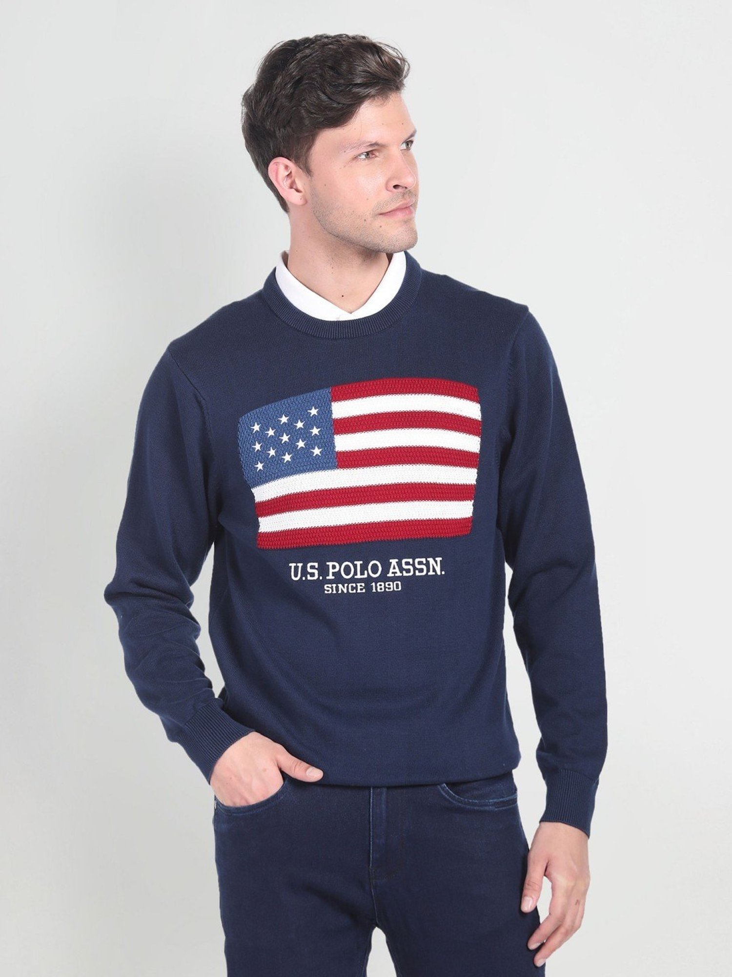 U.S. Polo Assn. Denim Co. Navy Cotton Regular Fit Self Pattern Sweater