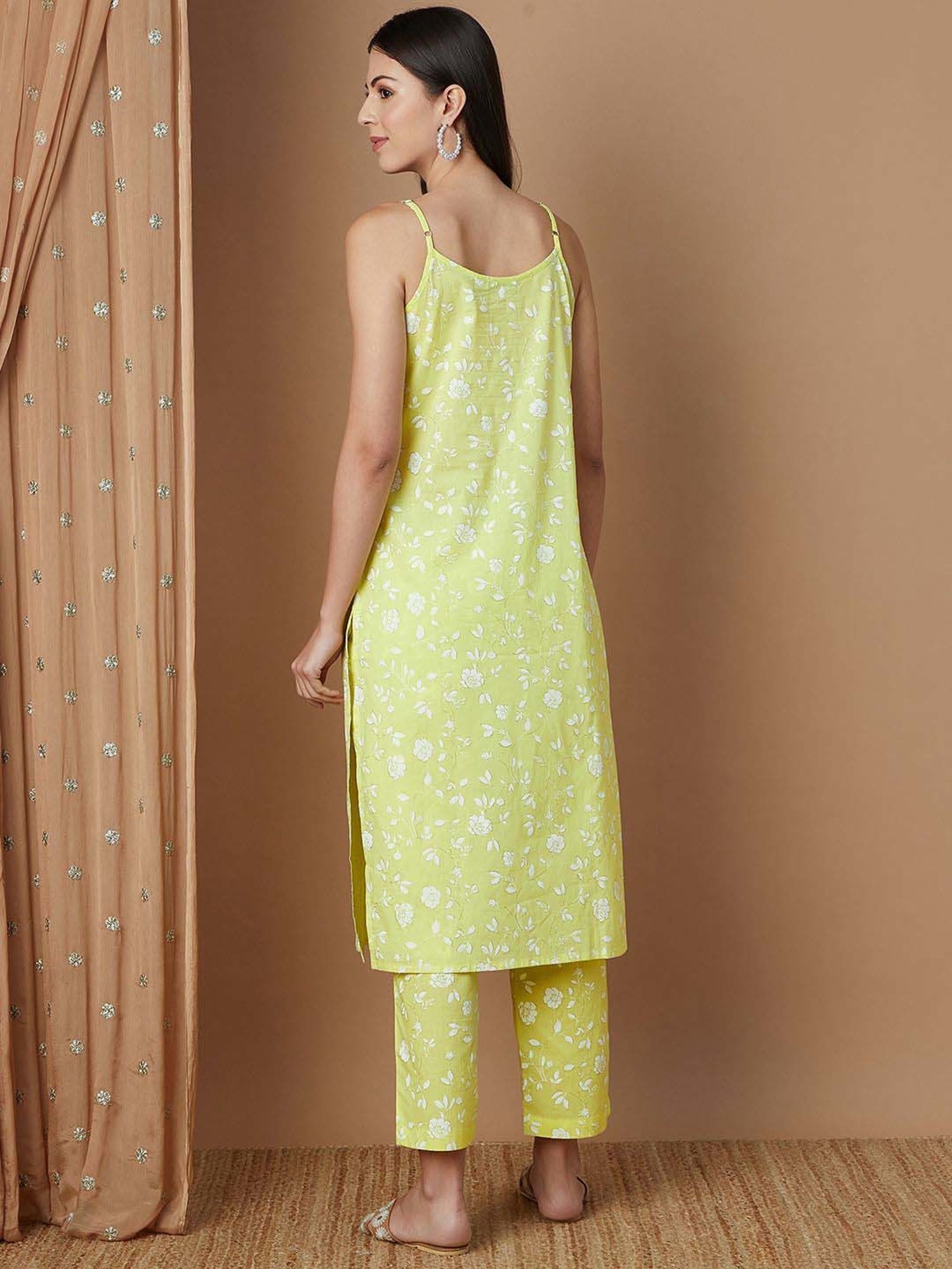 Melange by Lifestyle Lime Yellow Cotton Printed Kurta & Pant Set