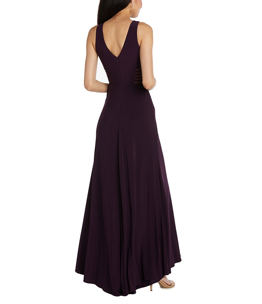 Morgan & Co. Power Mesh Deep V Plunging Neck Long Dress