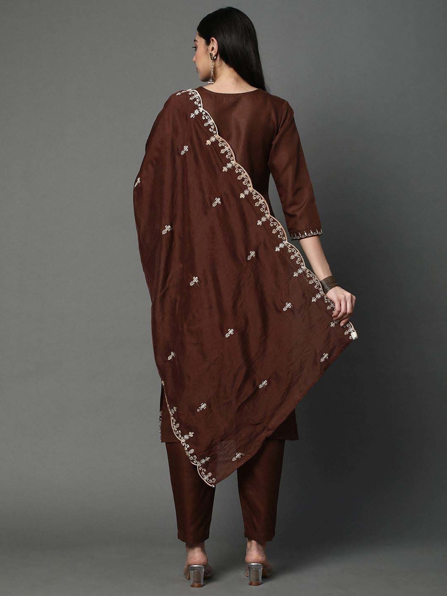Heeposh Brown Embroidered Kurta Pant Set With Dupatta