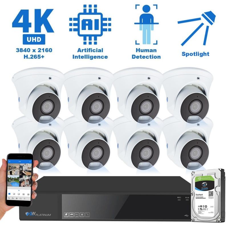 GW Security 8 Channel 15 Smart AI Functions Ultra HD 4K (8MP) Video & Audio Spotlight Color Night Vision Turret PoE IP Security Camera System (4 Cameras)