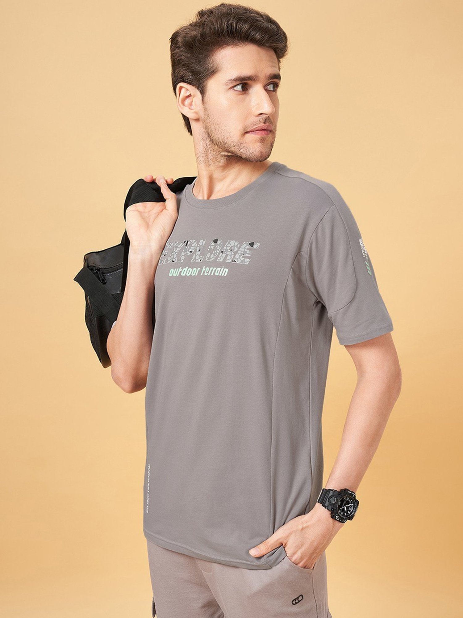 Ajile by Pantaloons Steel Grey Slim Fit Printed T-Shirt