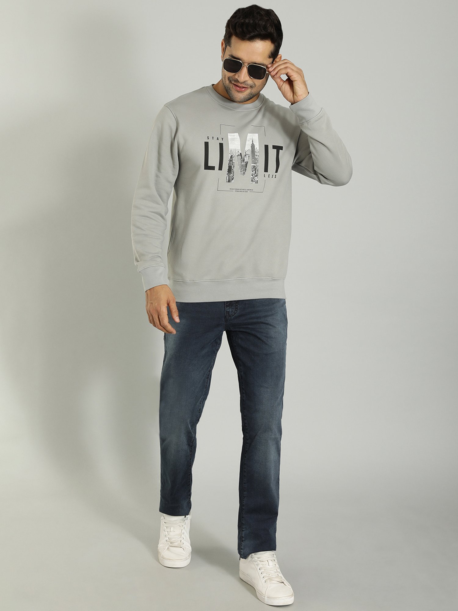 Indian Terrain Grey Melange Regular Fit Printed Sweatshirt