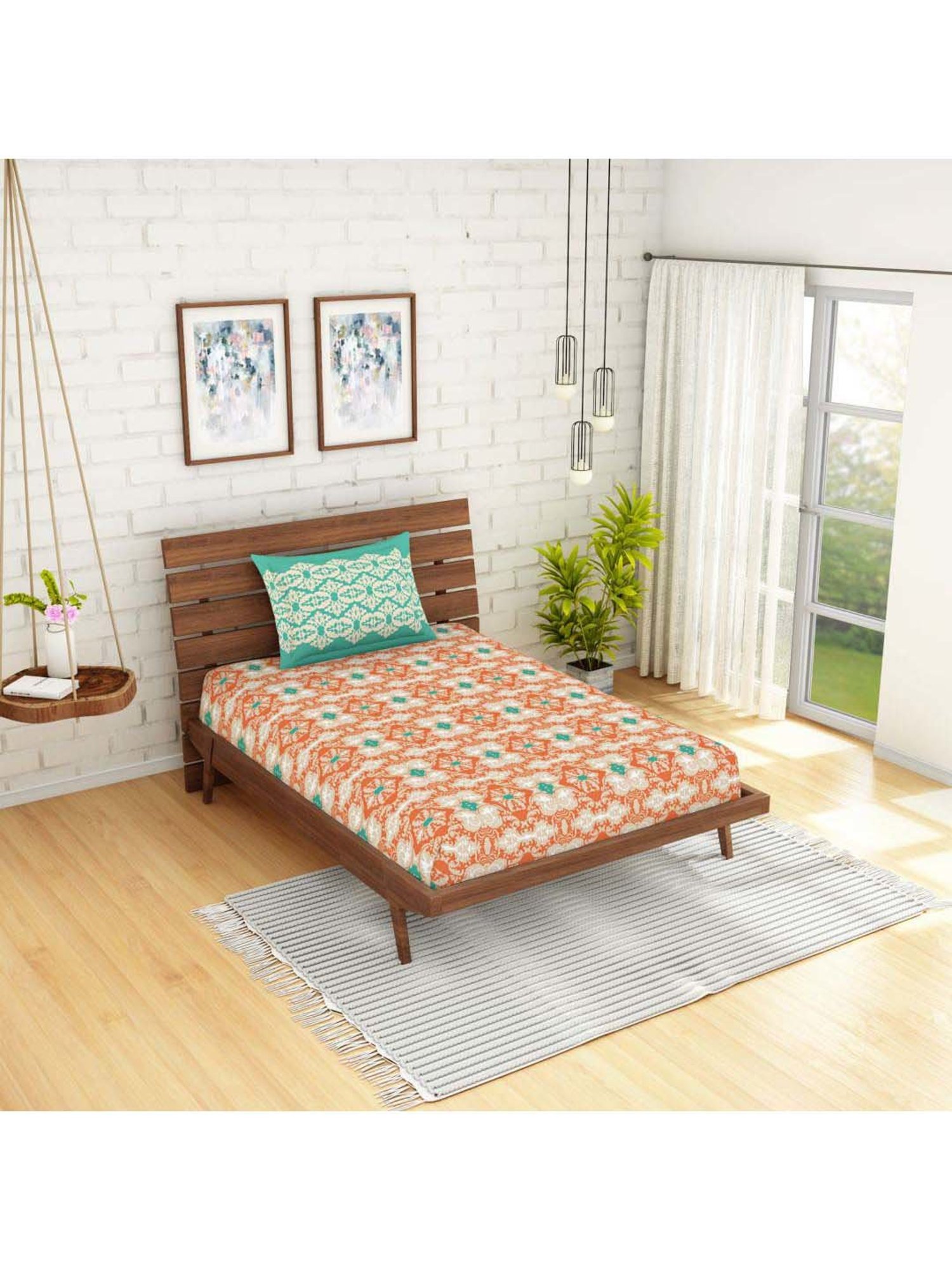 Spaces Atrium Plus Orange & Green Cotton 210 TC Bed Sheet Set