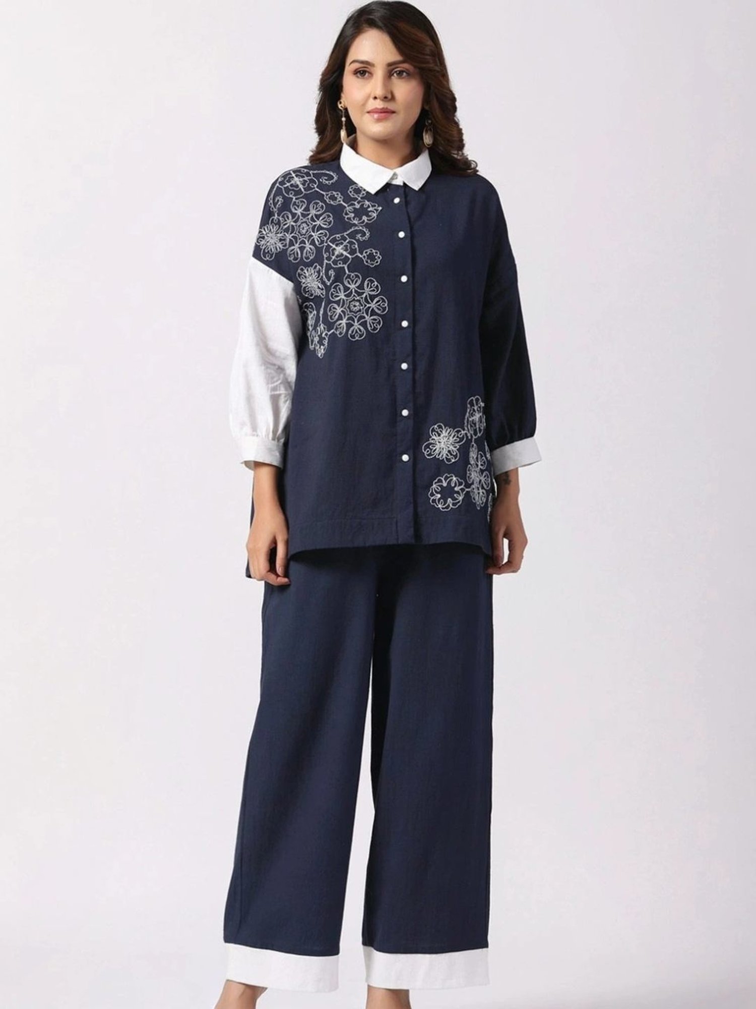 Kaftanize Navy Blue & White Embroidered Cotton Shirt with Pant Co-Ord Set