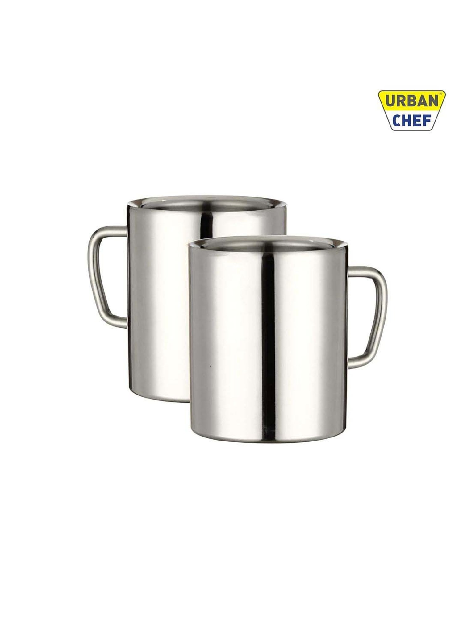 Urban Chef Silver Stainless Steel Sober Double Wall Big Coffee Mug - Set of 2