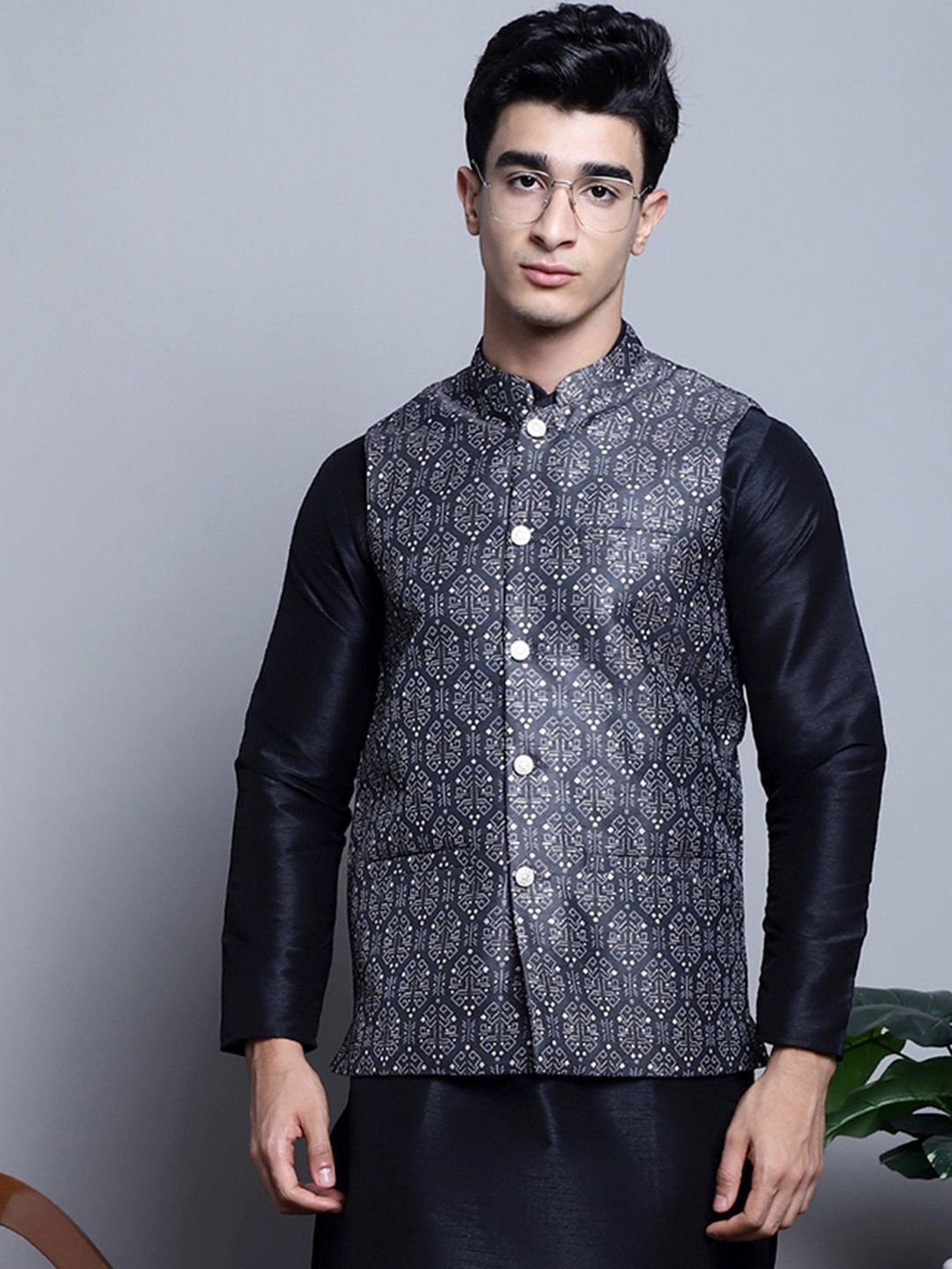 Jompers Charcoal Regular Fit Printed Nehru Jacket