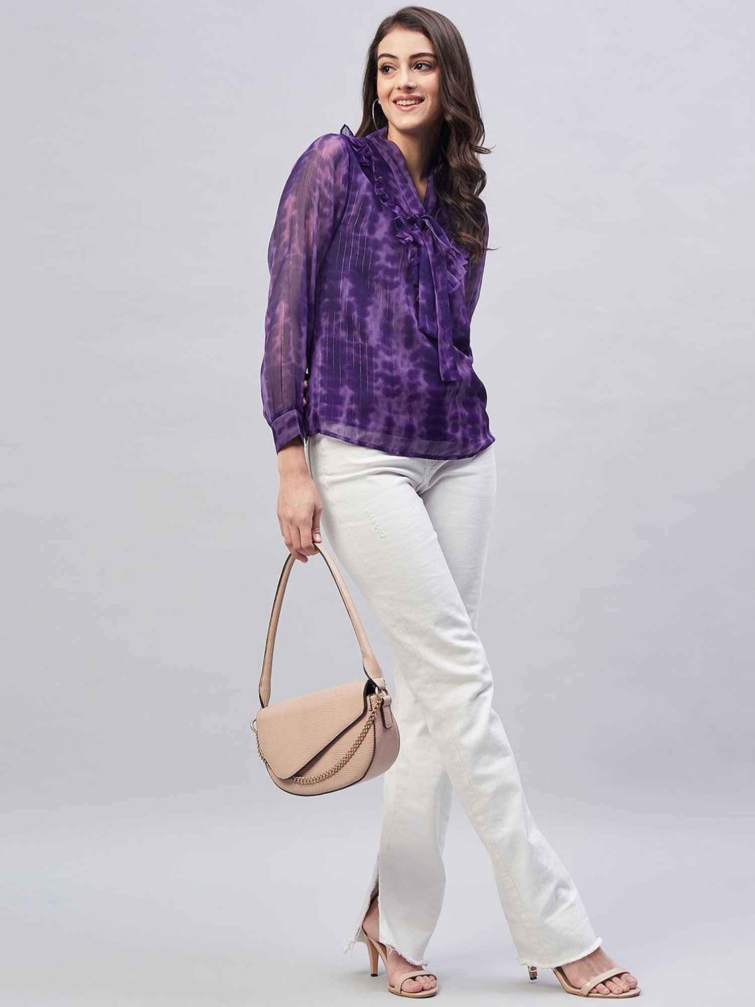 Marie Claire Purple Tie - Dye Tie-Up Neck Ruffles Top