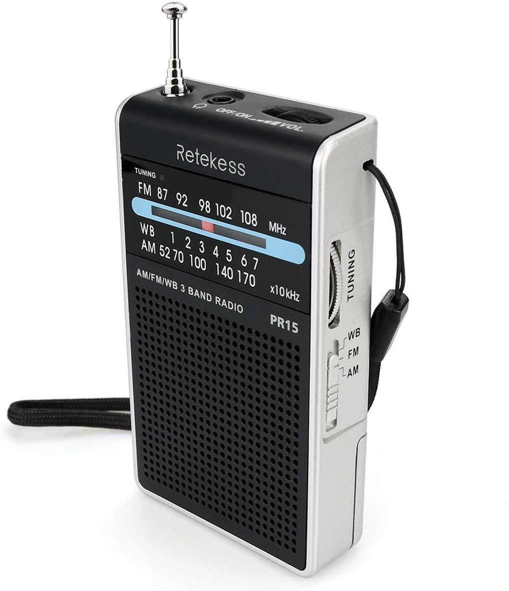 Retekess PR15 Weather Radio NOAA Emergency Radio with AM FM Transistor Analog Radio Support Headphone Jack 2AAA Battery Hand Strap (Silver Black)